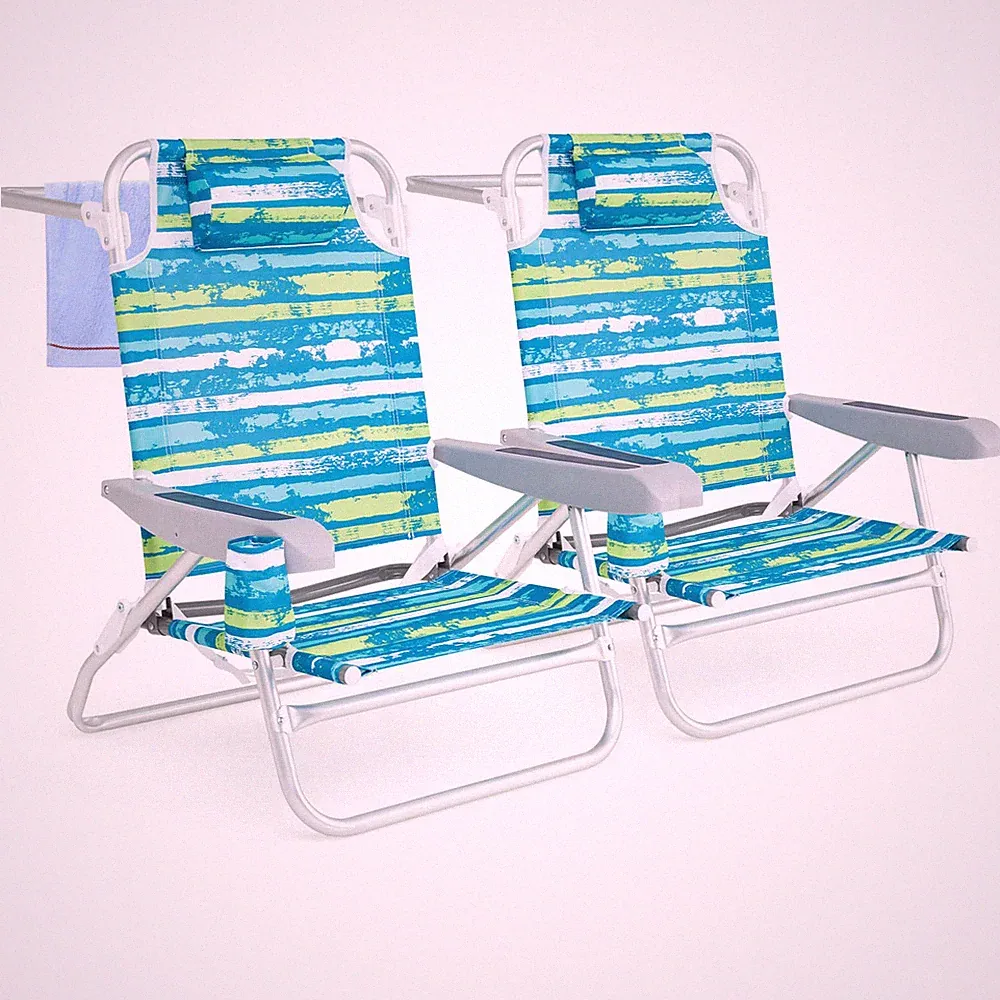 2 Pack Folding Beach Chair Lightweight Lay Flat Lounge Chair w/ Head Pillow