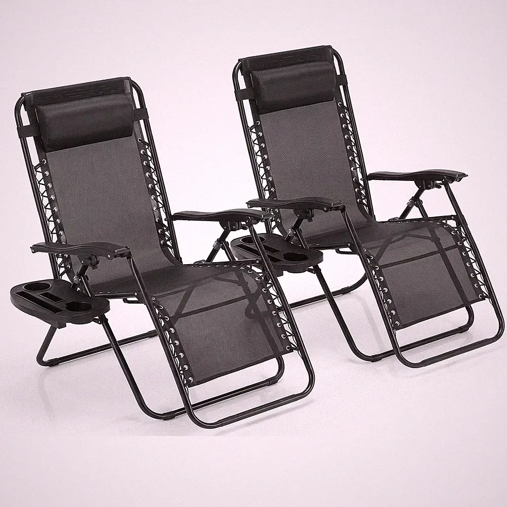 2-Pack Zero Gravity Chair 300lb Patio Beach Pool Recliner Pillow Cup Black