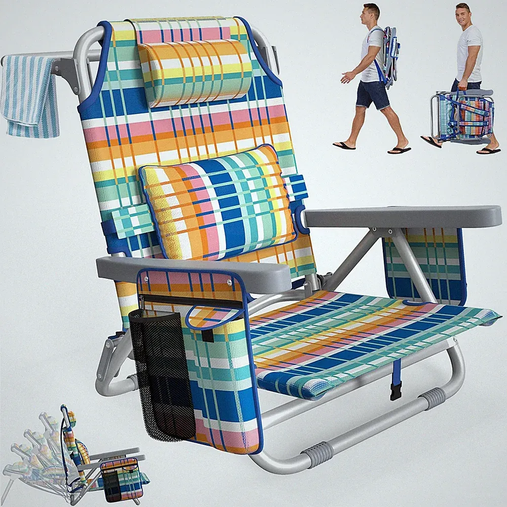 Adjustable Beach Chairs Foldable Lay Flat Chair with Cooler Bag Suteck Backpack