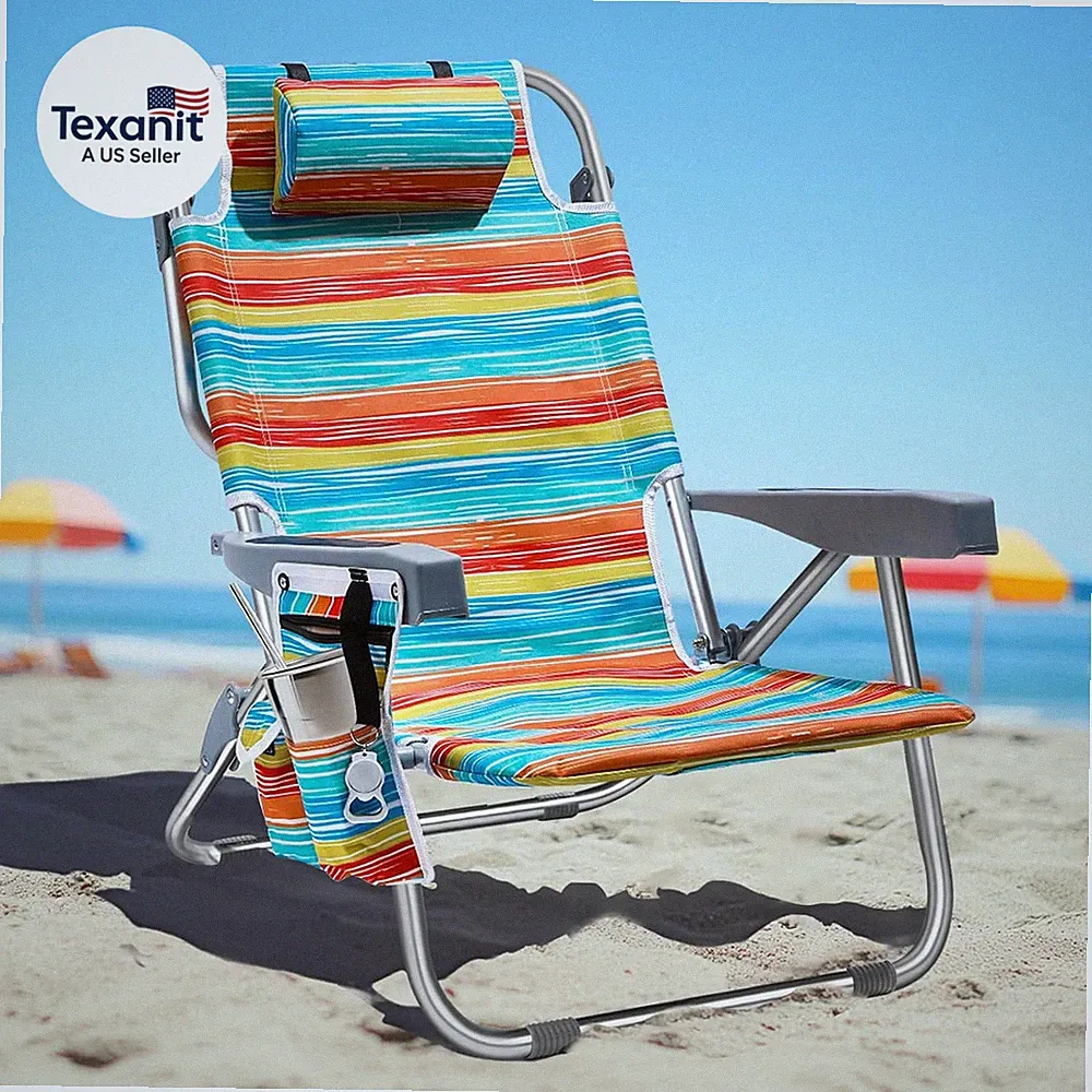 Backpack Beach Chair for Adults Portable, Lay Flat Reclining Beach Chair with 5