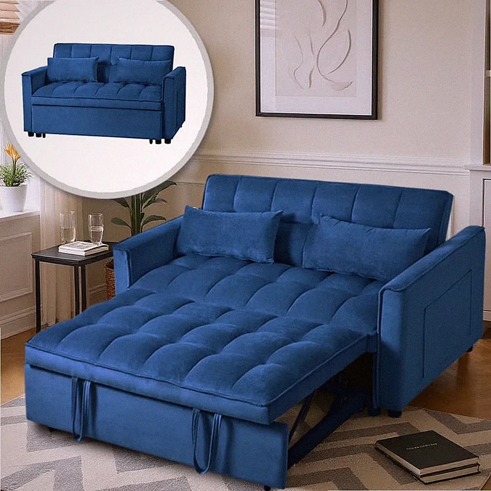 Convertible Sleeper Sofa Bed Pull Out Couch Adjustable Backrest Loveseat Blue