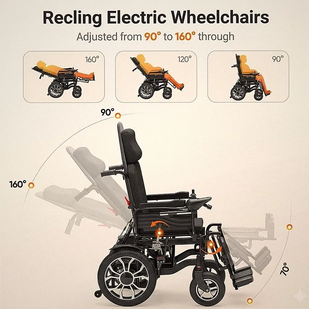 Electric Reclining Wheelchair 90-160° Adjustable Foldable Power Wheelchair New