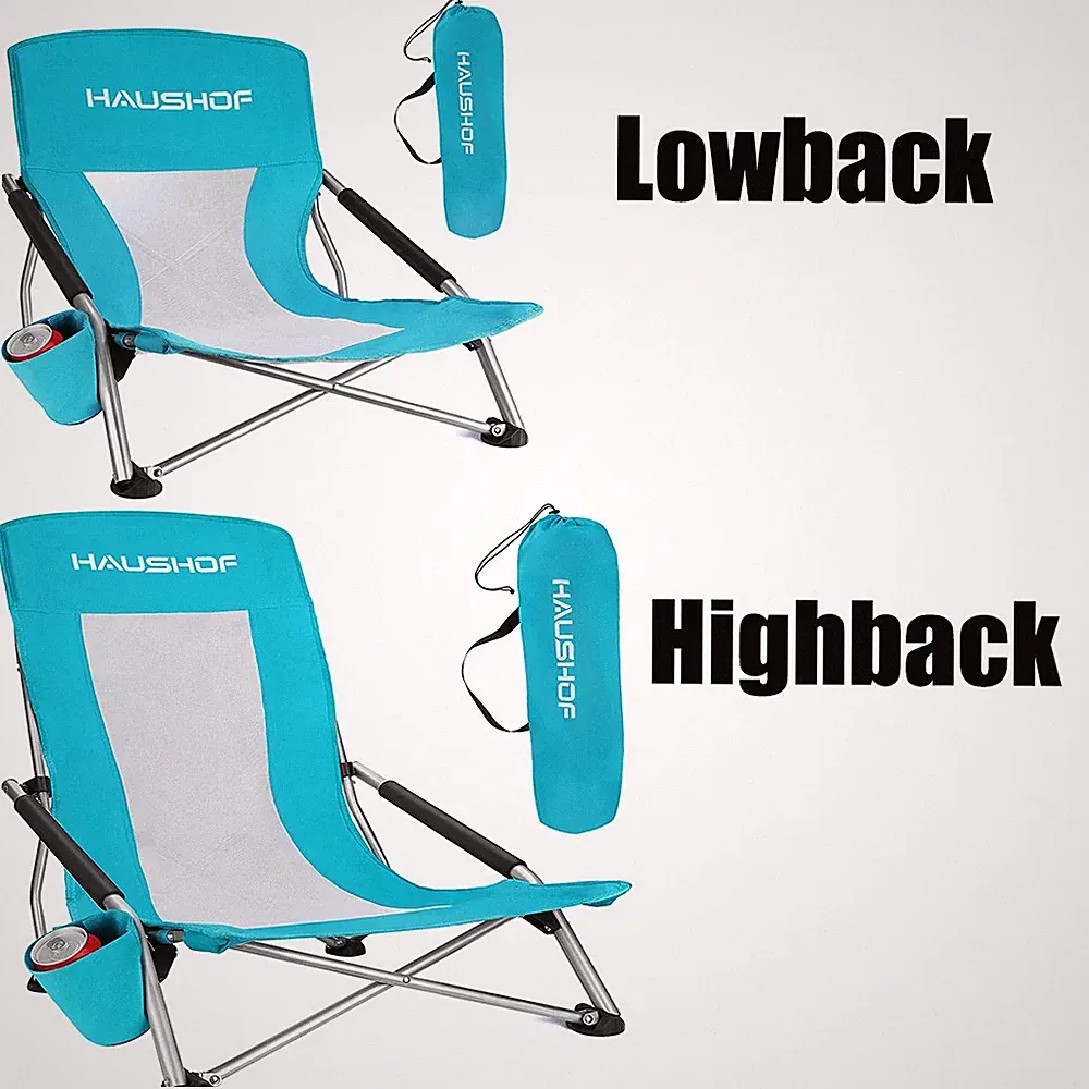 HAUSHOF Beach Chair Mesh Back Folding Camping Chair Cup Holder Highback/Lowback