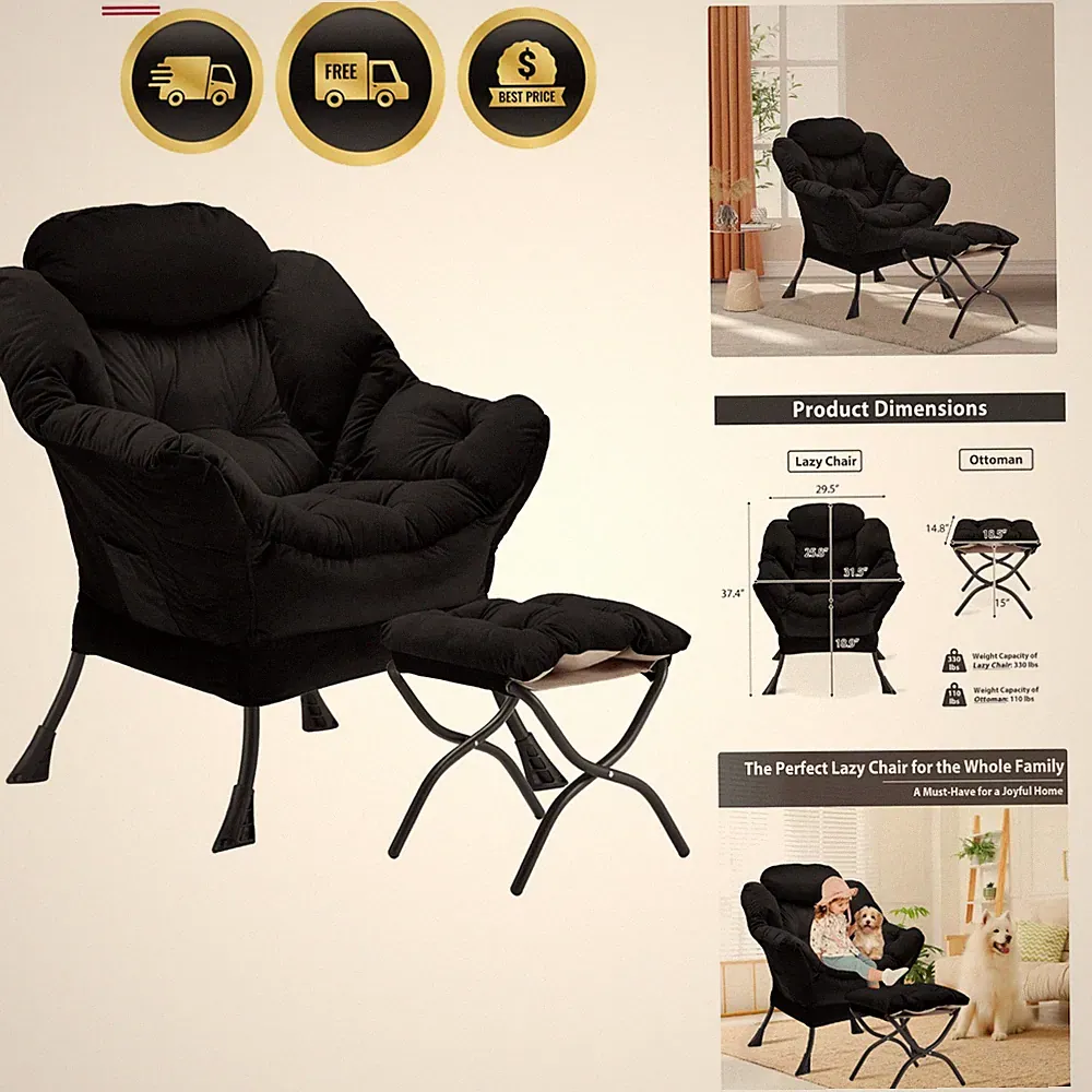Lazy Chair with Folding Ottoman, Accent Chair Velvet Upholstered with Metal S...