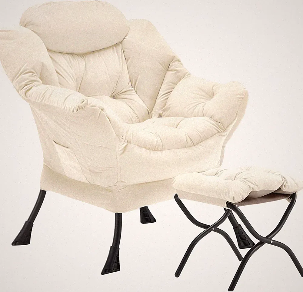 Lazy Chair with Folding Ottoman, Accent Chair Velvet Upholstered with Metal Stru