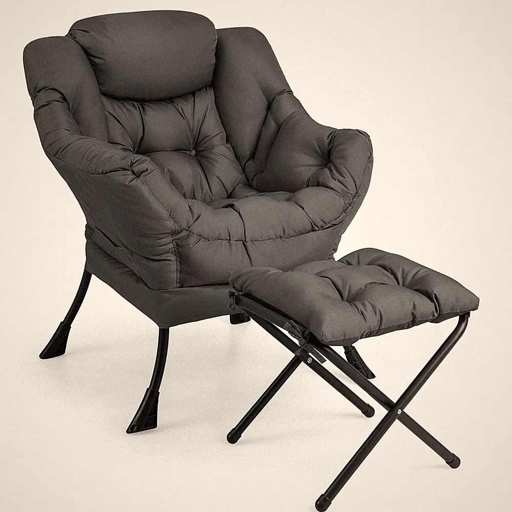 Lazy Sofa Chair Accent Leisure Armchair w/Folding Footrest & Storage Pocket Grey