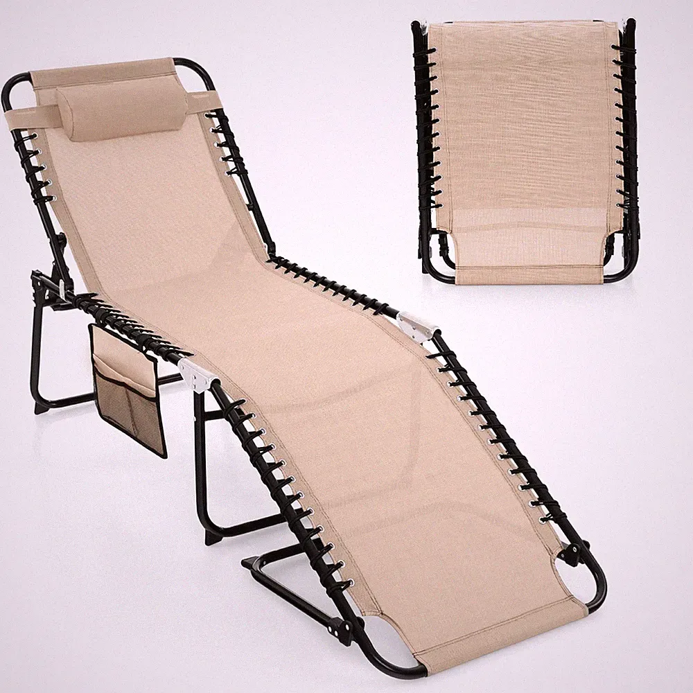 Patio Folding Chaise Lounge Portable Lay Flat Reclining Chair w/ 4-Level