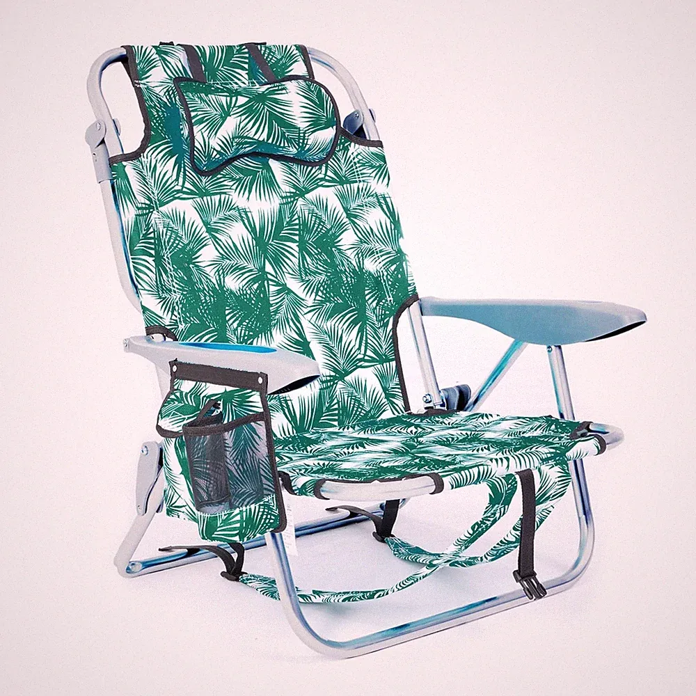 Portable Folding Beach Chair - Lay Flat Recliner with 5 Positions, Headrest & Cu
