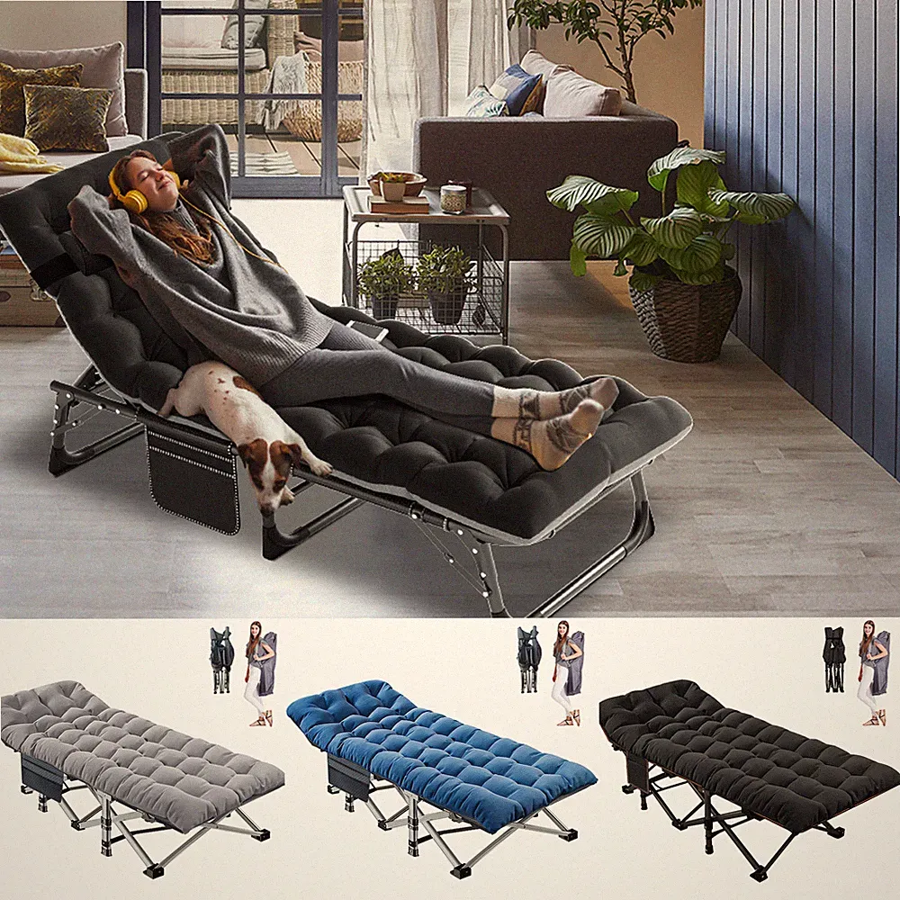 Slsy Folding Camping Cot Reclining Chaise Lounge With Cushion Pillow Side Pocket