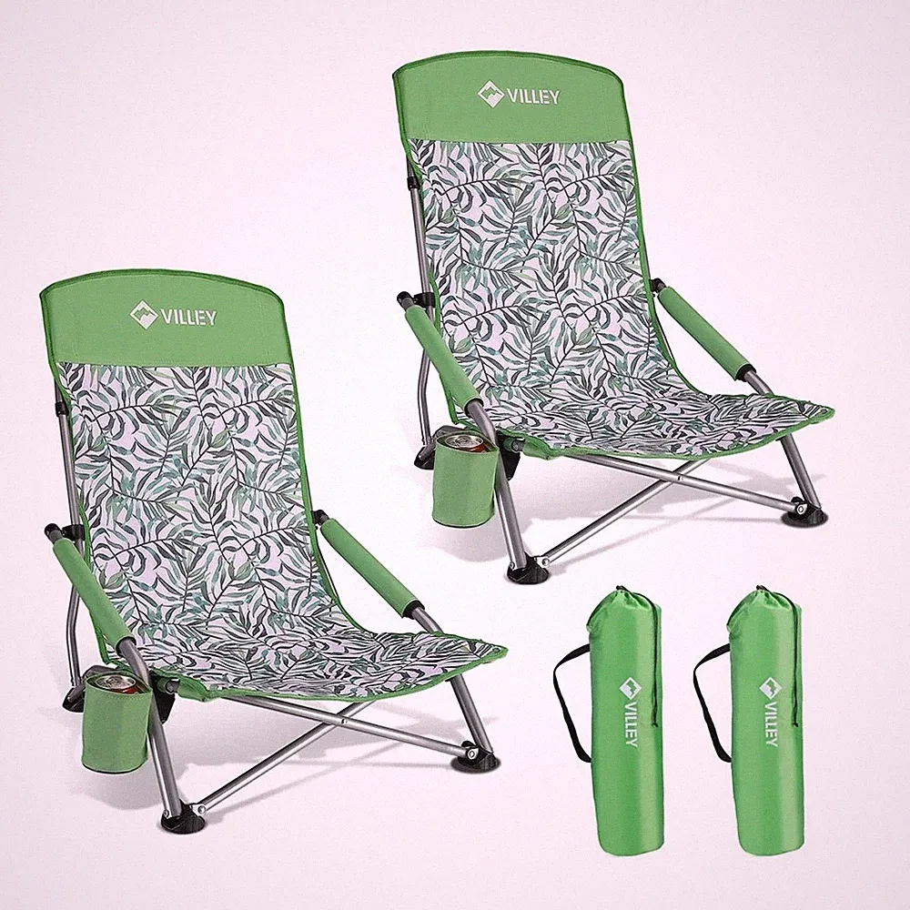 VILLEY Low Beach Chairs for Adults 2 Pack High Back Folding Chairs Lightweight